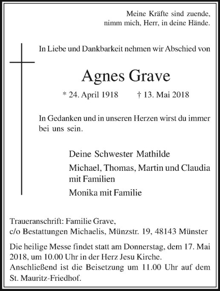  Traueranzeige für Agnes Grave vom 16.05.2018 aus Westfälische Nachrichten