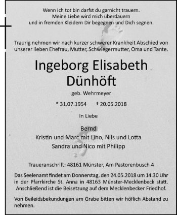 Anzeige von Ingeborg Elisabeth Dünhöft von Westfälische Nachrichten