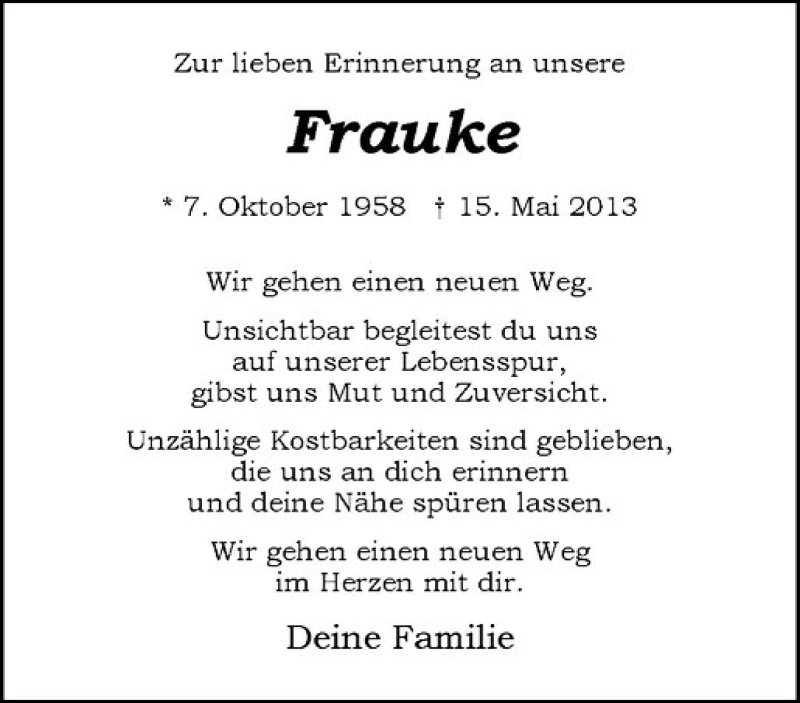  Traueranzeige für Frauke Schwarzwald vom 15.05.2018 aus Westfälische Nachrichten
