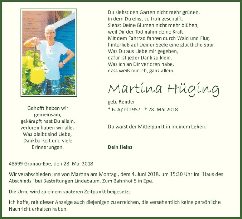  Traueranzeige für Martina Hüging vom 30.05.2018 aus Westfälische Nachrichten