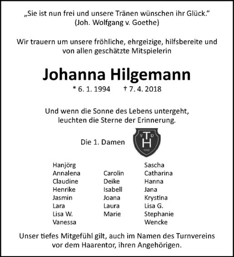  Traueranzeige für Johanna Hilgemann vom 02.05.2018 aus Westfälische Nachrichten