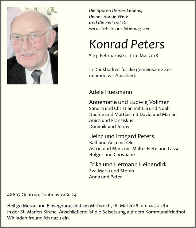  Traueranzeige für Konrad Peters vom 12.05.2018 aus Westfälische Nachrichten