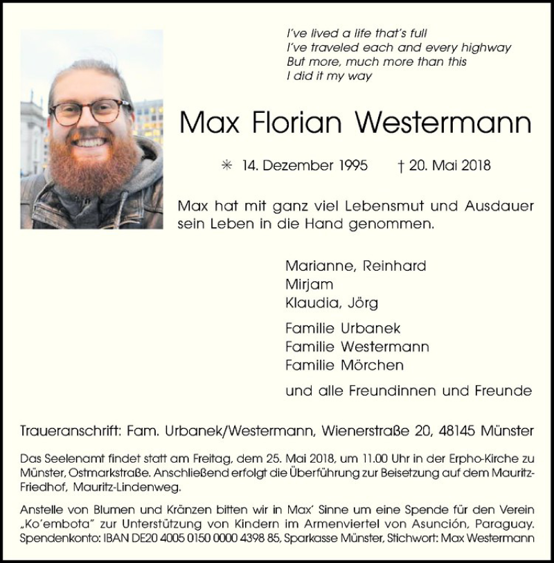  Traueranzeige für Max Florian Westermann vom 23.05.2018 aus Westfälische Nachrichten