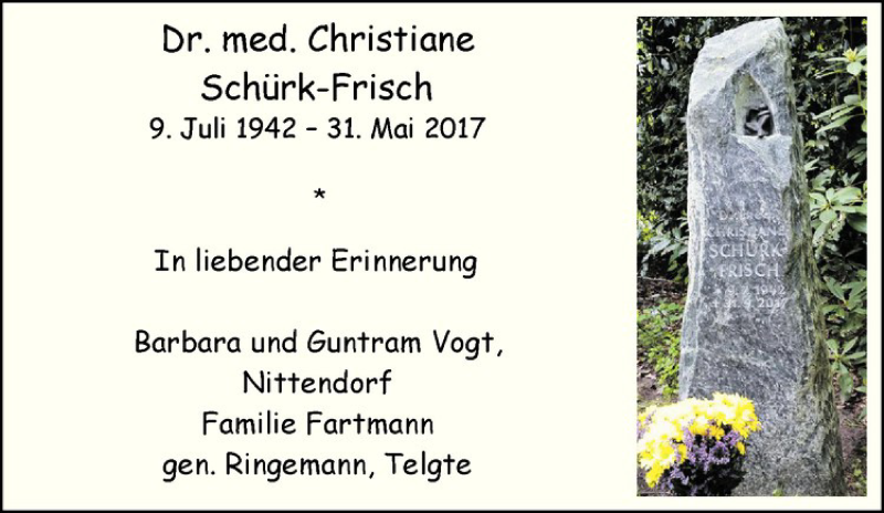 Traueranzeige für Christiane Schürk-Frisch vom 26.05.2018 aus Westfälische Nachrichten