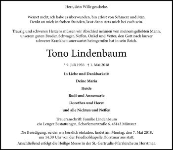 Anzeige von Tono Lindenbaum von Westfälische Nachrichten