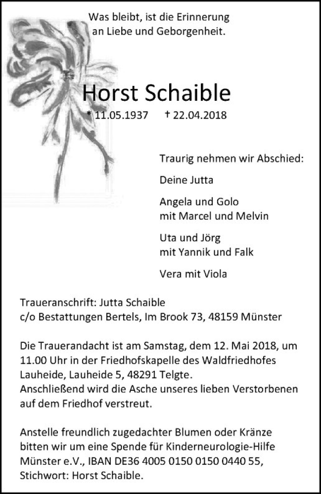  Traueranzeige für Horst Schaible vom 05.05.2018 aus Westfälische Nachrichten