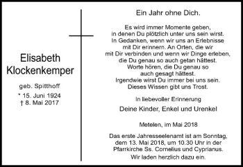 Anzeige von Elisabeth Klockenkemper von Westfälische Nachrichten