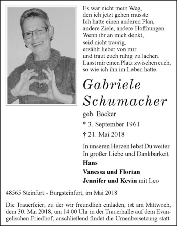 Anzeige von Gabriele Schumacher von Westfälische Nachrichten