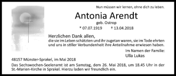 Anzeige von Antonia Arendt von Westfälische Nachrichten
