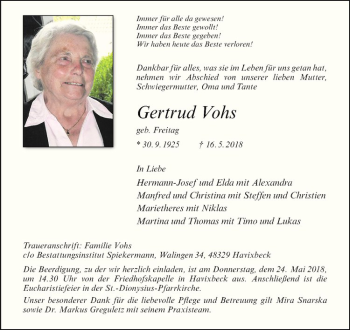 Anzeige von Josef Vohs von Westfälische Nachrichten