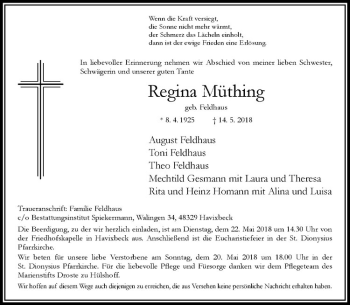 Anzeige von Regina Müthing von Westfälische Nachrichten