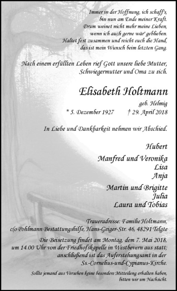 Anzeige von Elisabeth Holtmann von Westfälische Nachrichten