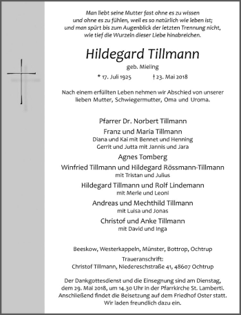 Anzeige von Hildegard Tillmann von Westfälische Nachrichten
