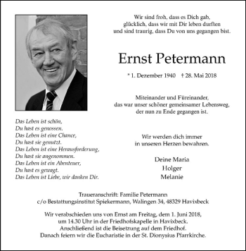 Anzeige von Ernst Petermann von Westfälische Nachrichten