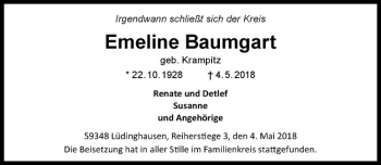 Anzeige von Emeline Baumgart von Westfälische Nachrichten
