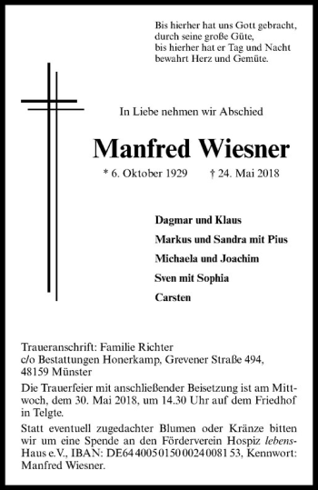 Anzeige von Manfred Wiesner von Westfälische Nachrichten