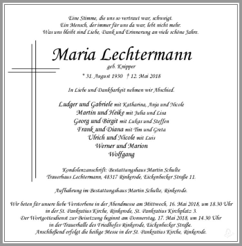Anzeige von Maria Lechtermann von Westfälische Nachrichten