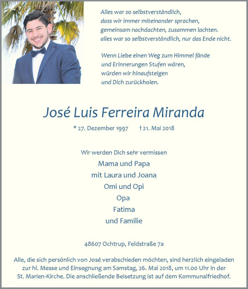  Traueranzeige für Jose Luis Ferreira Miranda vom 24.05.2018 aus Westfälische Nachrichten