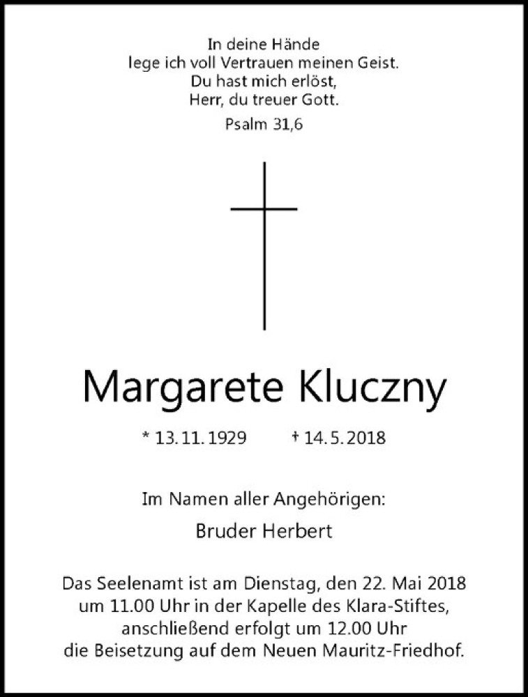  Traueranzeige für Margarete Kluczny vom 16.05.2018 aus Westfälische Nachrichten