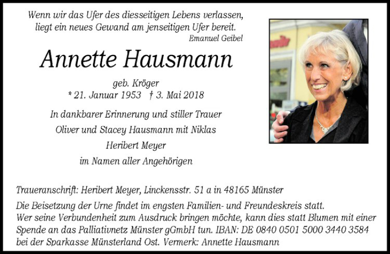  Traueranzeige für Annette Hausmann vom 19.05.2018 aus Westfälische Nachrichten