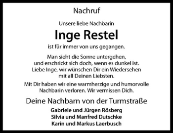 Anzeige von Inge Restel von Westfälische Nachrichten