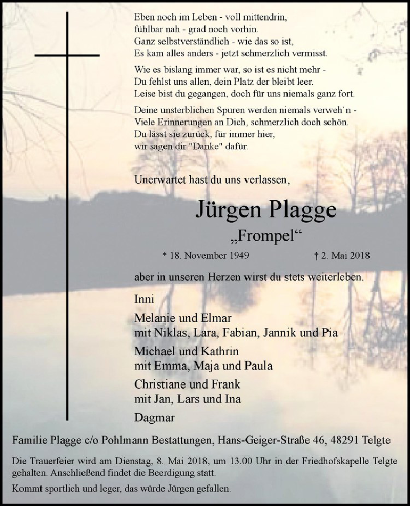 Traueranzeige für Jürgen Plagge vom 05.05.2018 aus Westfälische Nachrichten