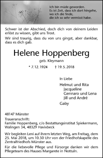 Anzeige von Helene Hoppenberg von Westfälische Nachrichten