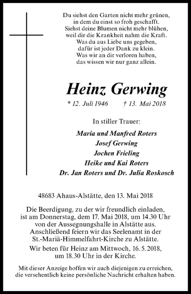  Traueranzeige für Heinz Gerwing vom 15.05.2018 aus Westfälische Nachrichten