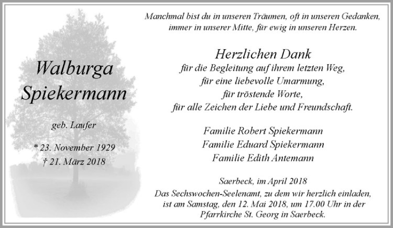  Traueranzeige für Walburga Spiekermann vom 05.05.2018 aus Westfälische Nachrichten