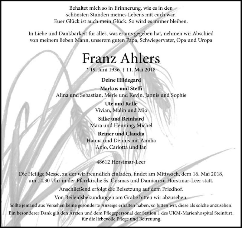  Traueranzeige für Franz Ahlers vom 15.05.2018 aus Westfälische Nachrichten