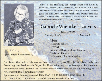 Anzeige von Gabriele Wientke-Lauvers von Westfälische Nachrichten