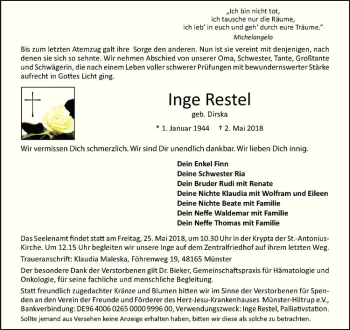 Anzeige von Inge Restel von Westfälische Nachrichten