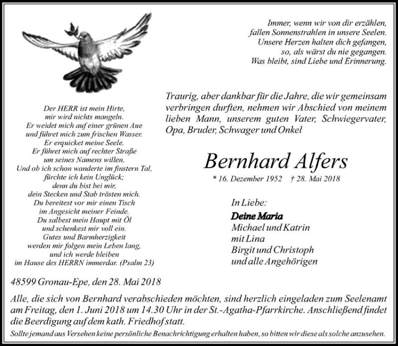  Traueranzeige für Bernhard Alfers vom 30.05.2018 aus Westfälische Nachrichten
