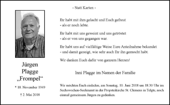 Anzeige von Jürgen Plagge von Westfälische Nachrichten