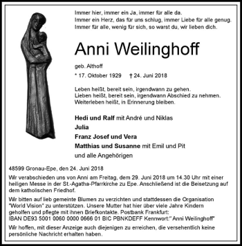 Anzeige von Anni Weilinghoff von Westfälische Nachrichten