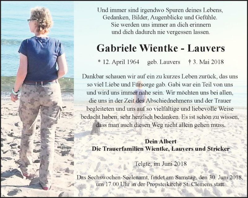  Traueranzeige für Gabriele Wientke-Lauvers vom 23.06.2018 aus Westfälische Nachrichten