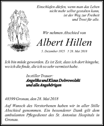 Anzeige von Albert Hillen von Westfälische Nachrichten
