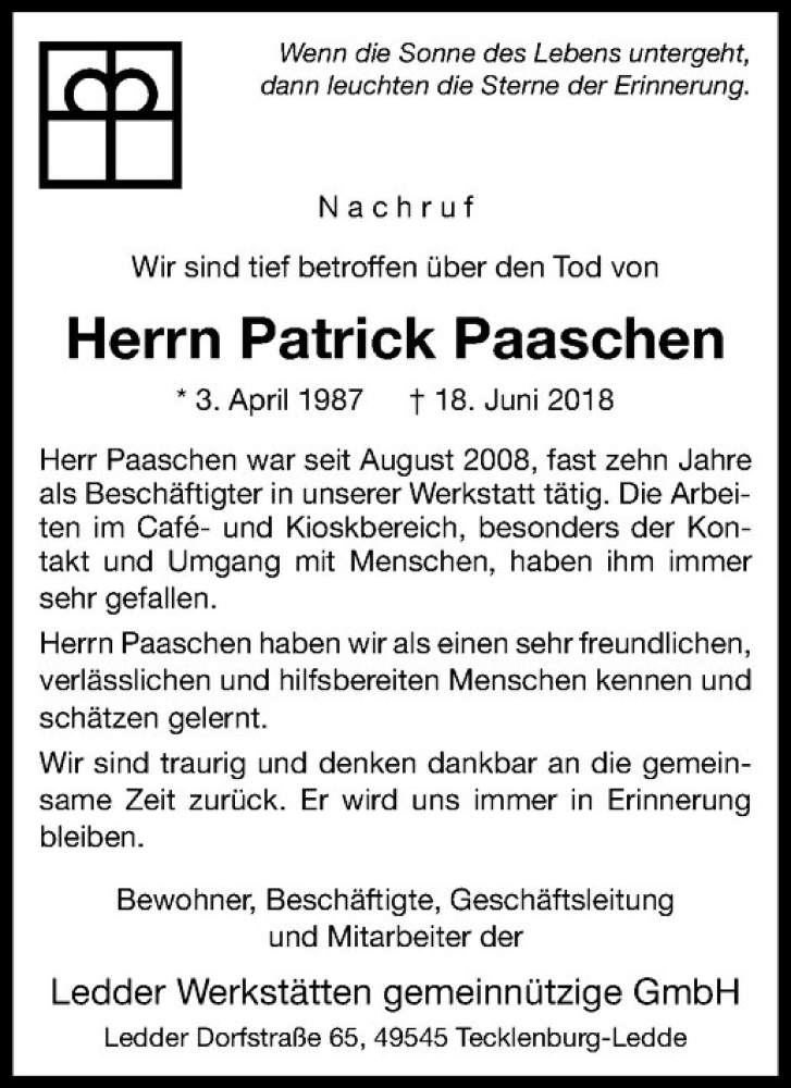  Traueranzeige für Patrick Paaschen vom 30.06.2018 aus Westfälische Nachrichten