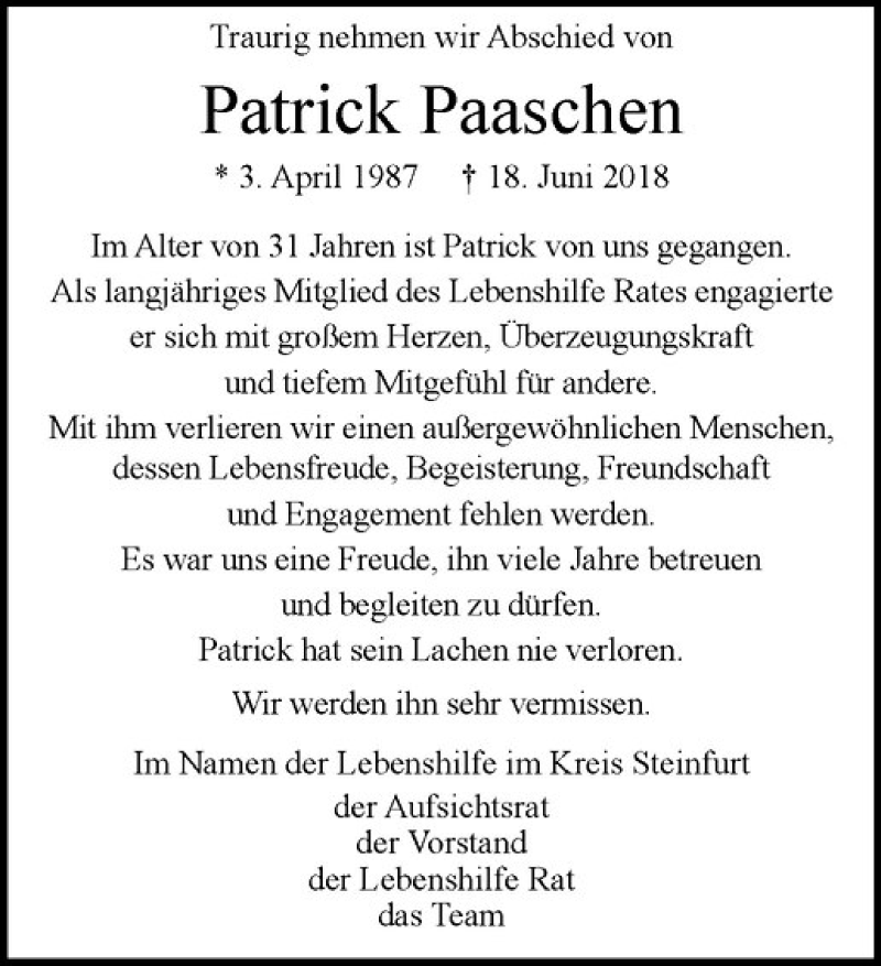  Traueranzeige für Patrick Paaschen vom 23.06.2018 aus Westfälische Nachrichten