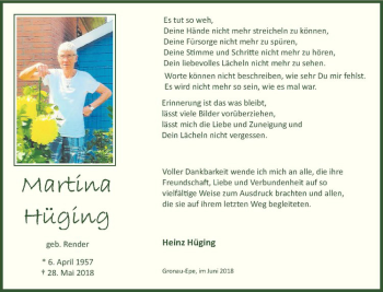 Anzeige von Martina Hüging von Westfälische Nachrichten