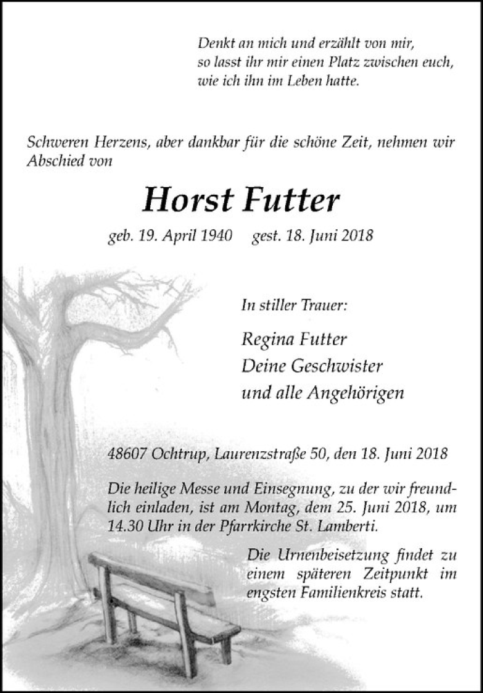  Traueranzeige für Horst Futter vom 21.06.2018 aus Westfälische Nachrichten