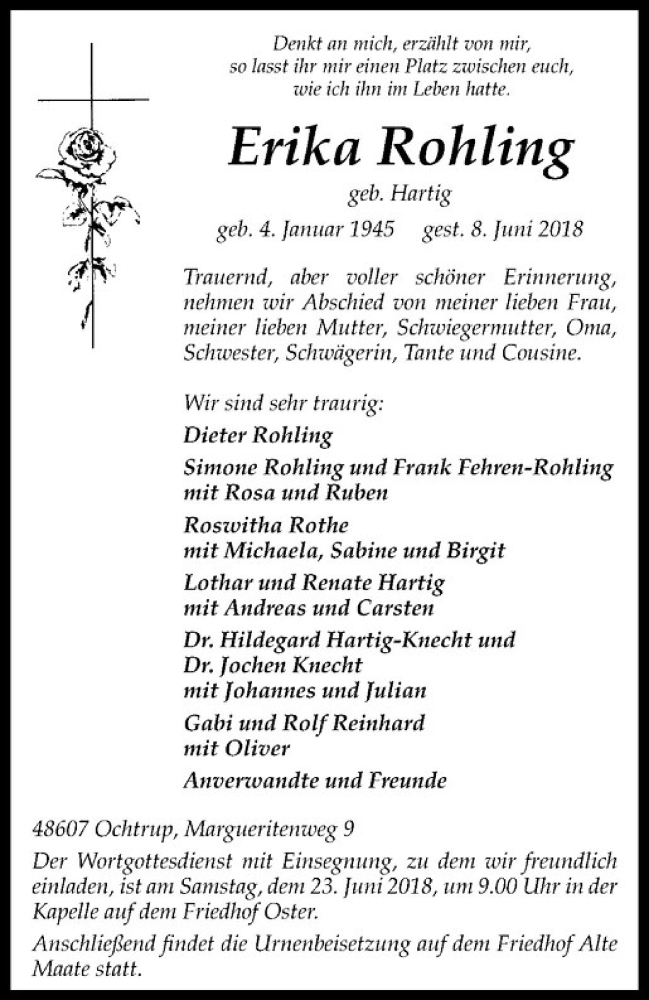  Traueranzeige für Erika Rohling vom 18.06.2018 aus Westfälische Nachrichten