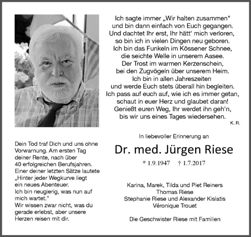  Traueranzeige für Jürgen Riese vom 30.06.2018 aus Westfälische Nachrichten