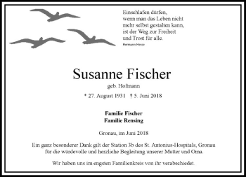 Anzeige von Susanne Fischer von Westfälische Nachrichten