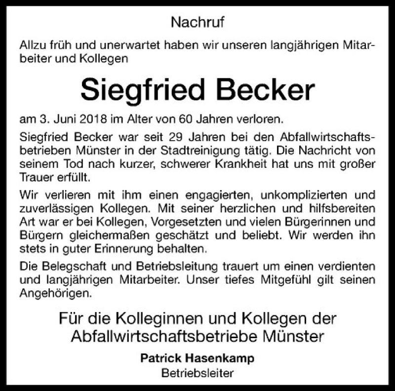  Traueranzeige für Siegfried Becker vom 13.06.2018 aus Westfälische Nachrichten