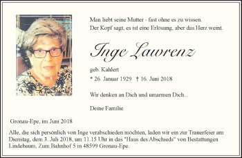 Anzeige von Inge Lawrenz von Westfälische Nachrichten