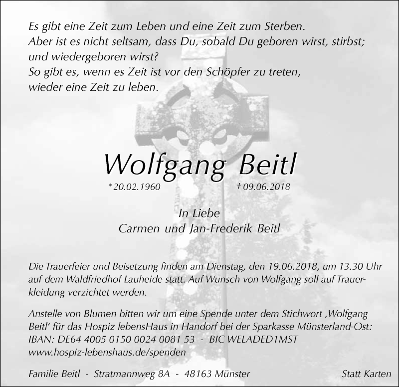  Traueranzeige für Wolfgang Beitl vom 13.06.2018 aus Westfälische Nachrichten