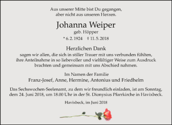 Anzeige von Johanna Weiper von Westfälische Nachrichten