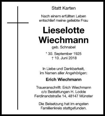 Anzeige von Lieselotte Wiechmann von Westfälische Nachrichten