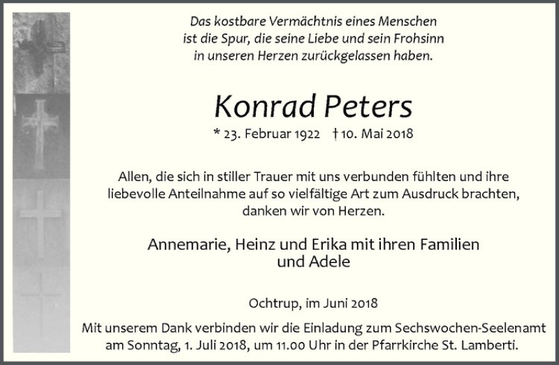  Traueranzeige für Konrad Peters vom 27.06.2018 aus Westfälische Nachrichten